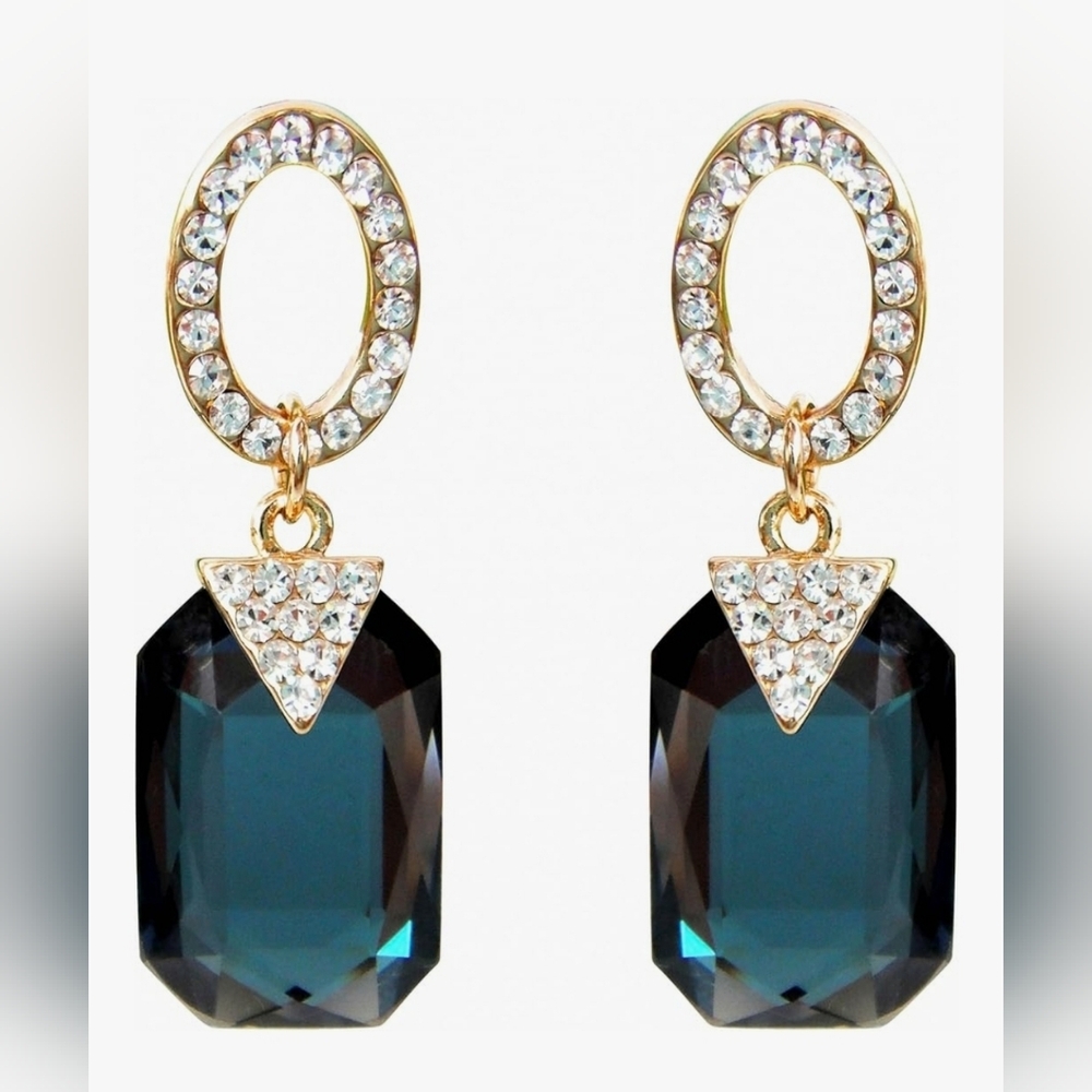 NIB 18k Gold Plated Crystal Zircon   LAKE BLUE EARRINGS. AQUA
